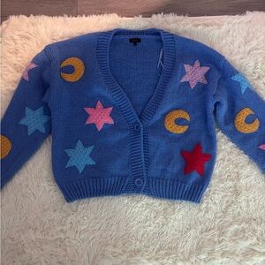 Debut Blue Cardigan with Colorful Star and Moon Patterns